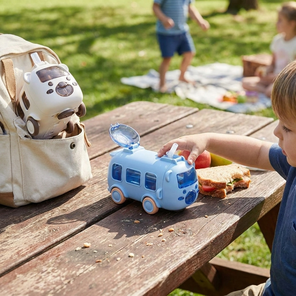 Cartoon Toy Bus Water Bottle with Straw